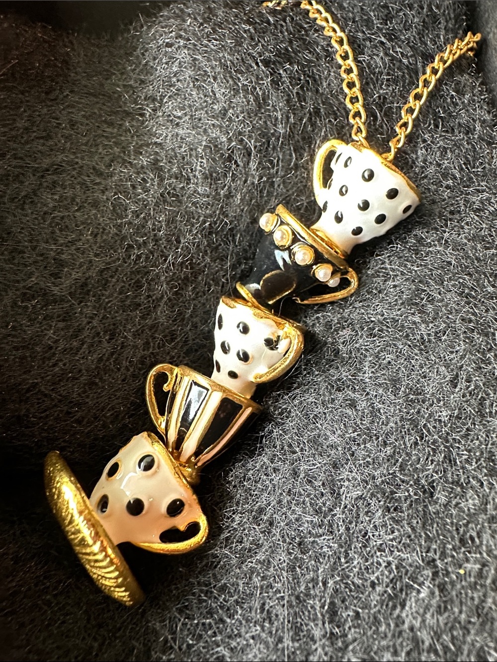 kate spade Gold-Tone Stacked Teacup Pendant Necklace with Black and White Enamel